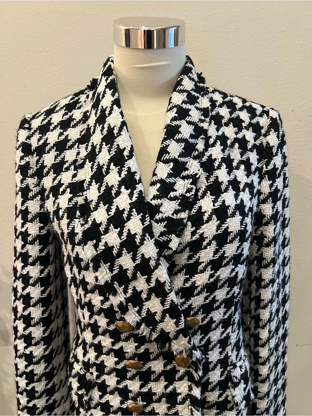 Zara Black & White Houndstooth Double-Breasted Blazer Size Small Gold Buttons - Picture 2 of 6